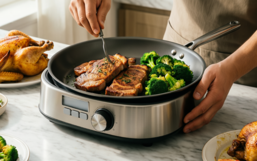 bra signature 18/10 stainless steel frying — lifestyle photo showing Bra Signature 18/10 Stainless in use