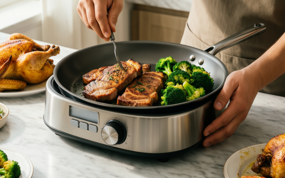 bra signature 18/10 stainless steel frying — lifestyle photo showing Bra Signature 18/10 Stainless in use