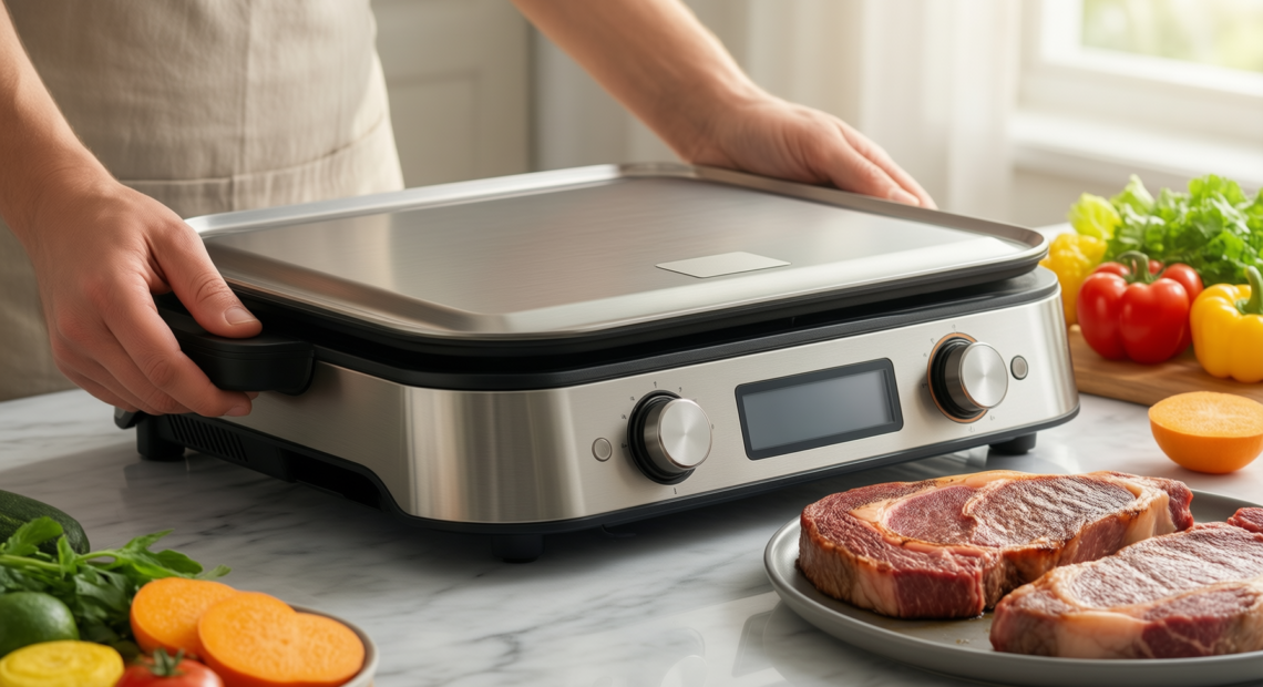 amzchef 6-in-1 health grill and griddle — lifestyle photo showing AMZCHEF 6-in-1 Health Grill in use