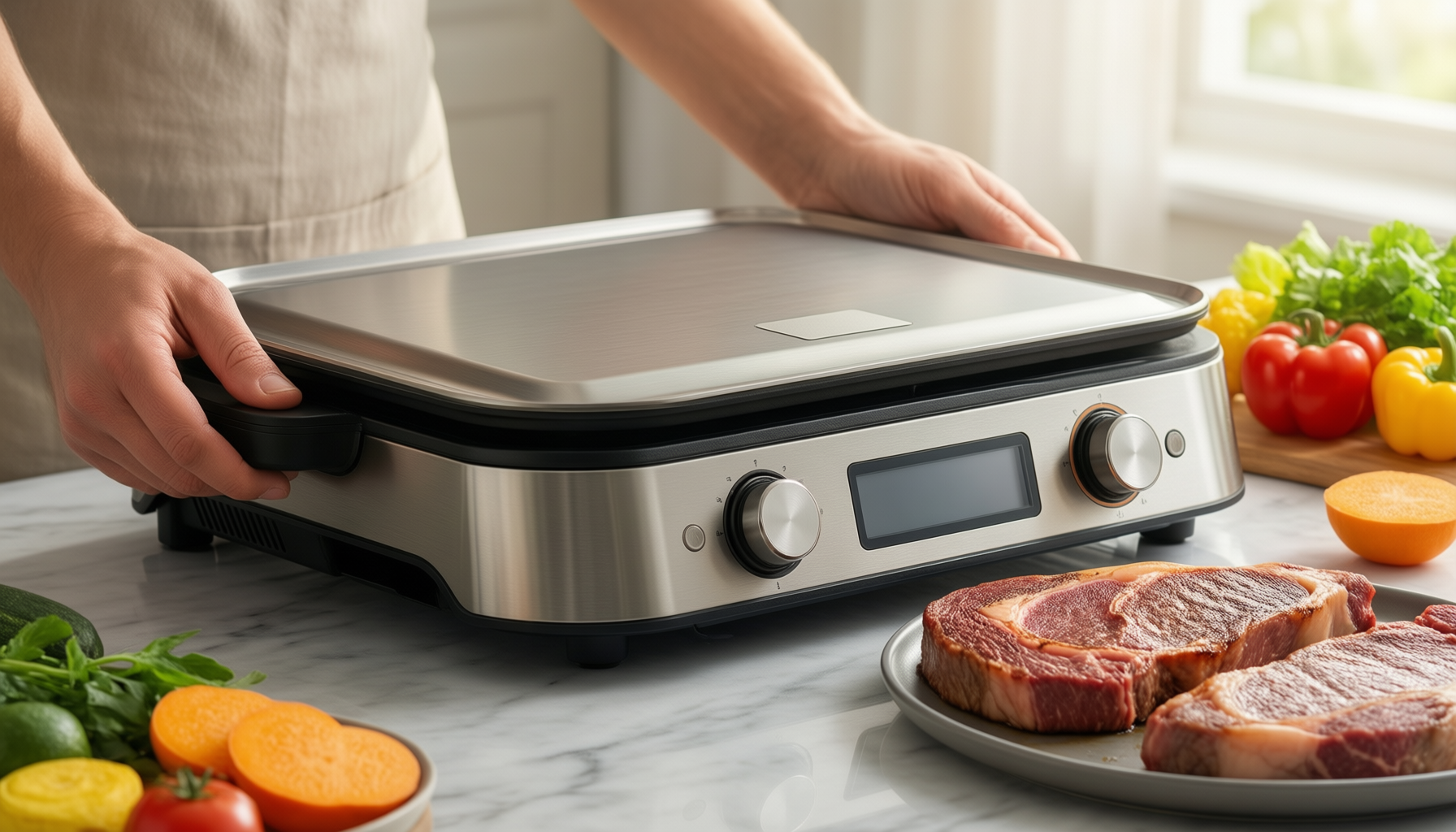 amzchef 6-in-1 health grill and griddle — lifestyle photo showing AMZCHEF 6-in-1 Health Grill in use