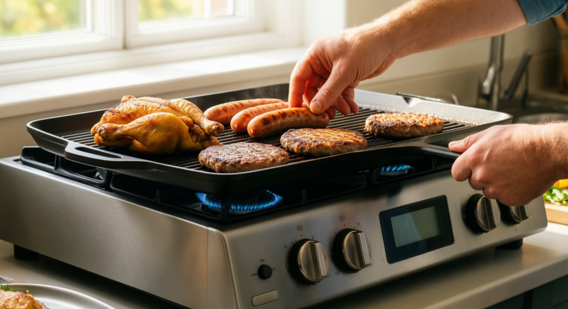 nutrichef cast iron style griddle pan — lifestyle photo showing NutriChef Cast Iron Style in use