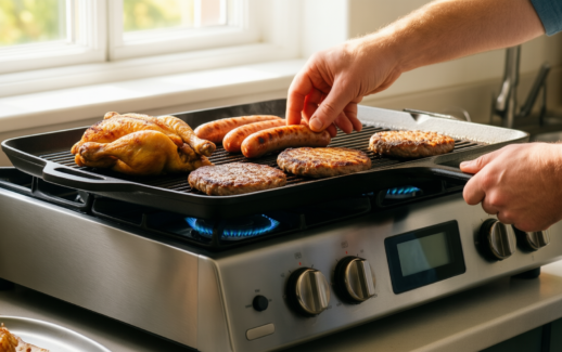 nutrichef cast iron style griddle pan — lifestyle photo showing NutriChef Cast Iron Style in use