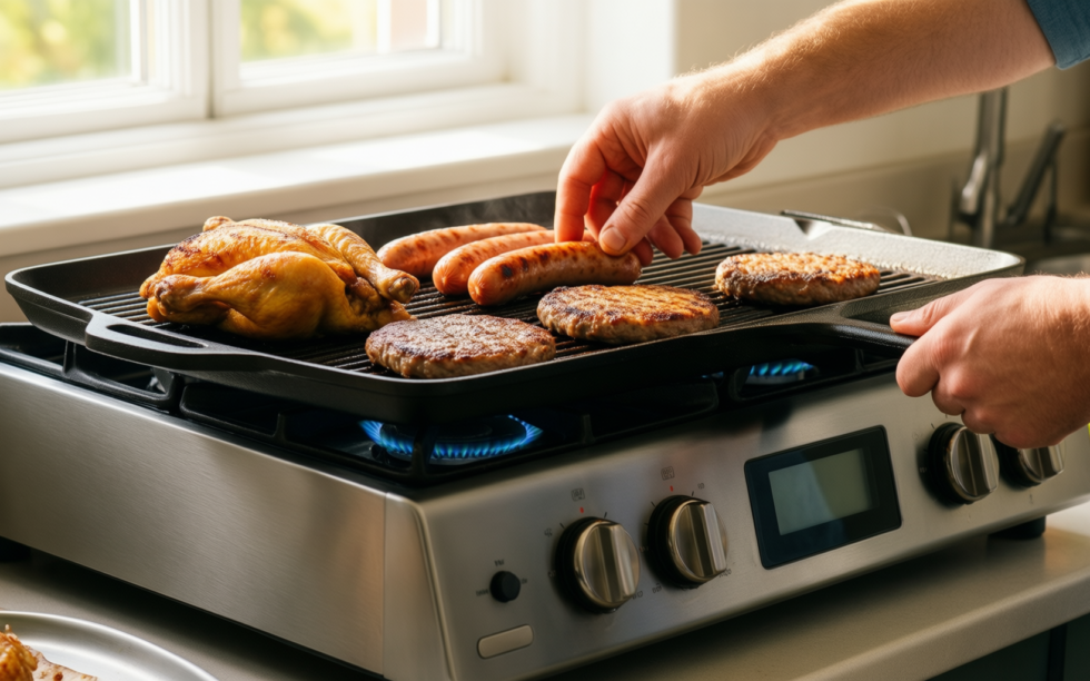 nutrichef cast iron style griddle pan — lifestyle photo showing NutriChef Cast Iron Style in use