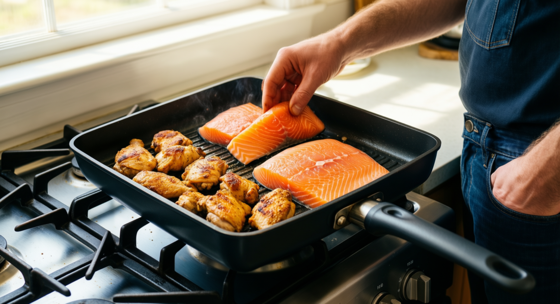 nutrichef grill pan nonstick — lifestyle photo showing NutriChef Grill Pan Nonstick, in use