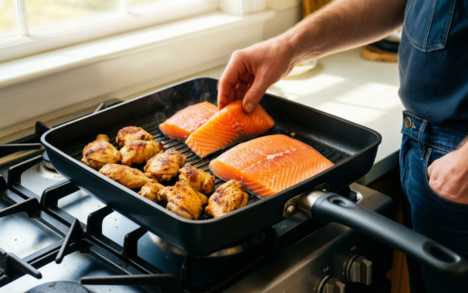 nutrichef grill pan nonstick — lifestyle photo showing NutriChef Grill Pan Nonstick, in use
