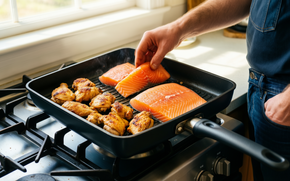 nutrichef grill pan nonstick — lifestyle photo showing NutriChef Grill Pan Nonstick, in use