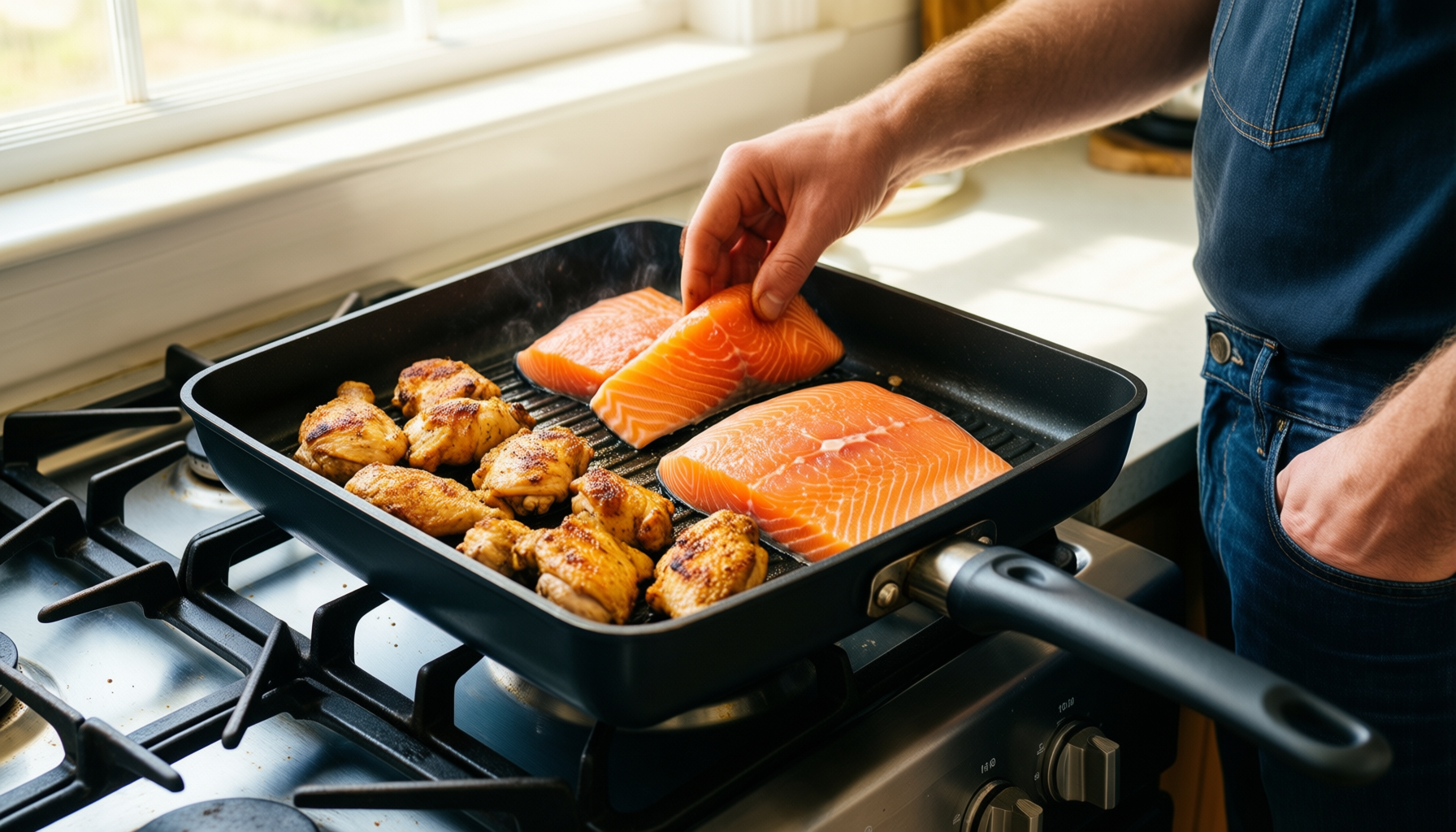 nutrichef grill pan nonstick — lifestyle photo showing NutriChef Grill Pan Nonstick, in use