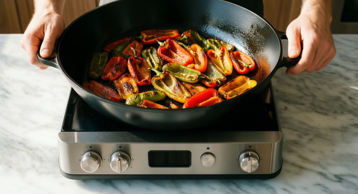 mercer culinary cast iron skillet 12 — lifestyle photo showing Mercer Culinary Pre-Seasoned Cast in use