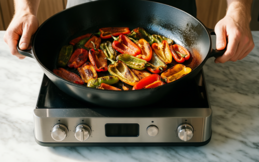 mercer culinary cast iron skillet 12 — lifestyle photo showing Mercer Culinary Pre-Seasoned Cast in use