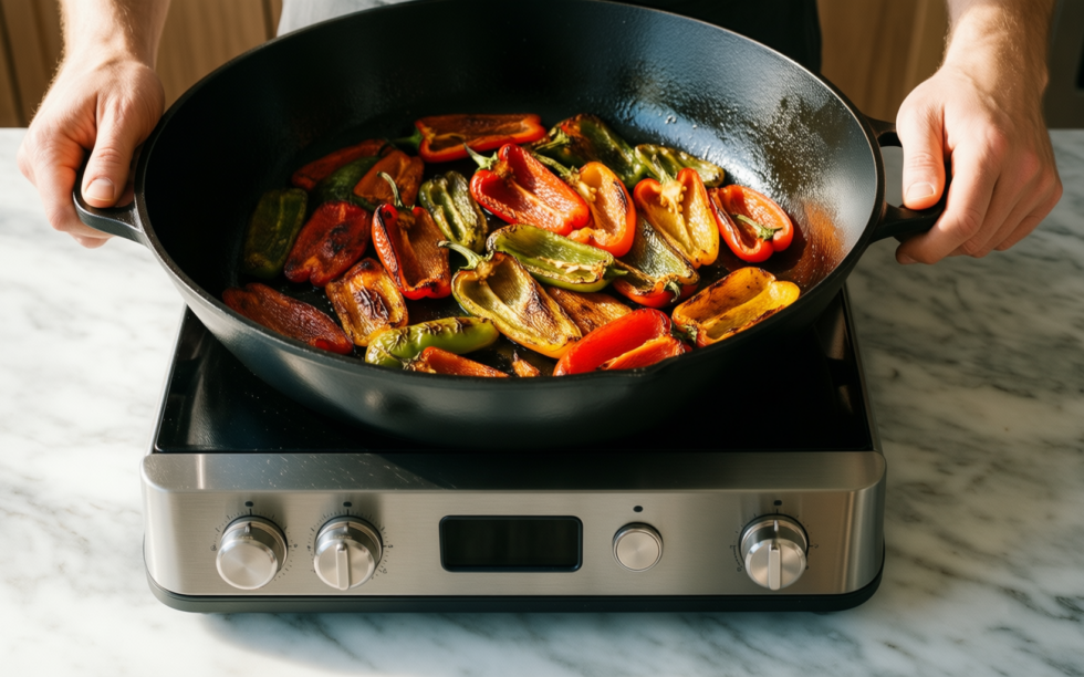 mercer culinary cast iron skillet 12 — lifestyle photo showing Mercer Culinary Pre-Seasoned Cast in use