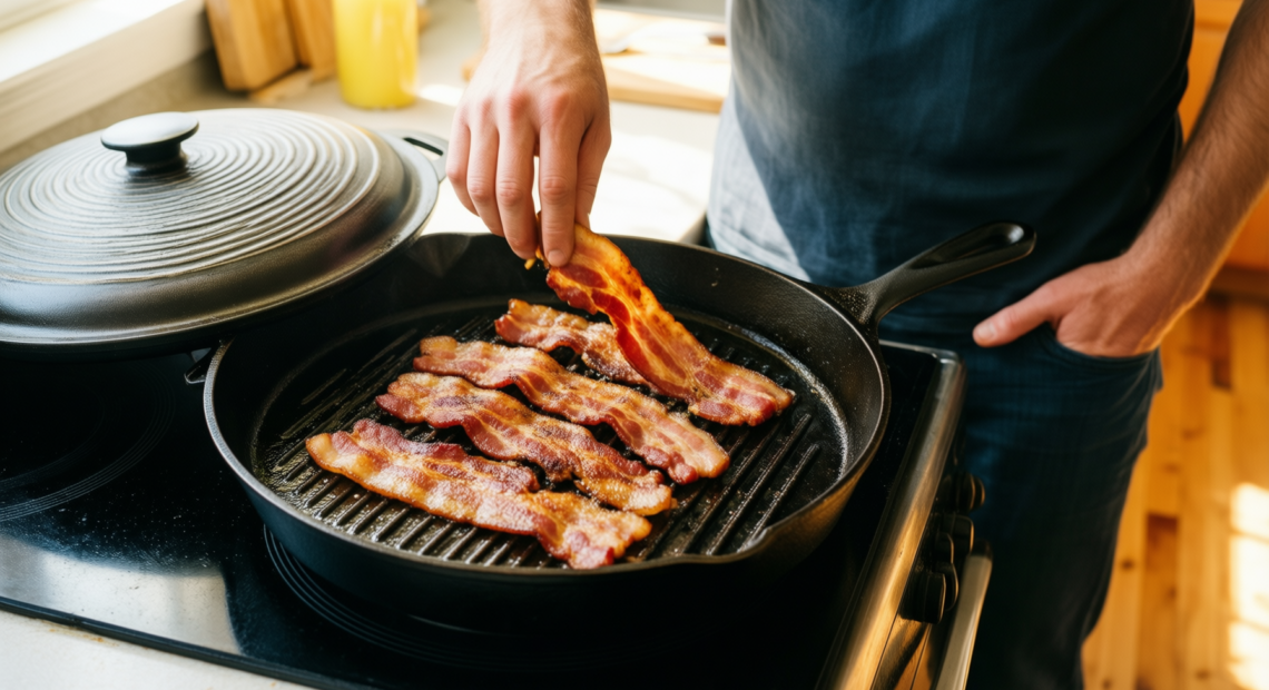 cast aluminium griddle pan with lid — lifestyle photo showing Griddle Pan with Lid, in use
