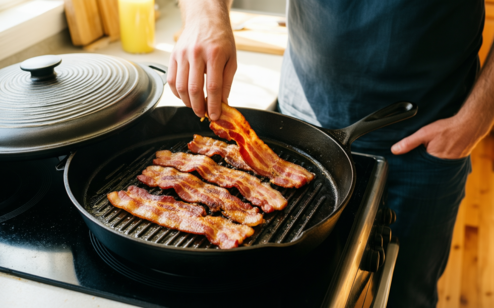 cast aluminium griddle pan with lid — lifestyle photo showing Griddle Pan with Lid, in use