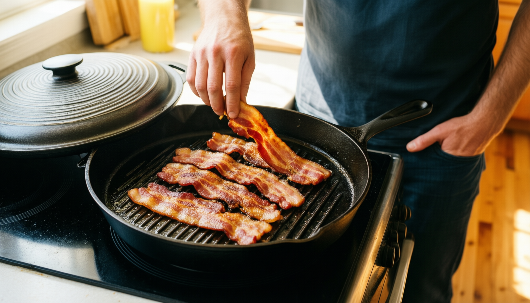 cast aluminium griddle pan with lid — lifestyle photo showing Griddle Pan with Lid, in use