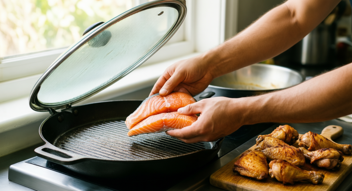 joeji cast aluminium griddle pan — lifestyle photo showing joeji's Cast Aluminium Griddle in use