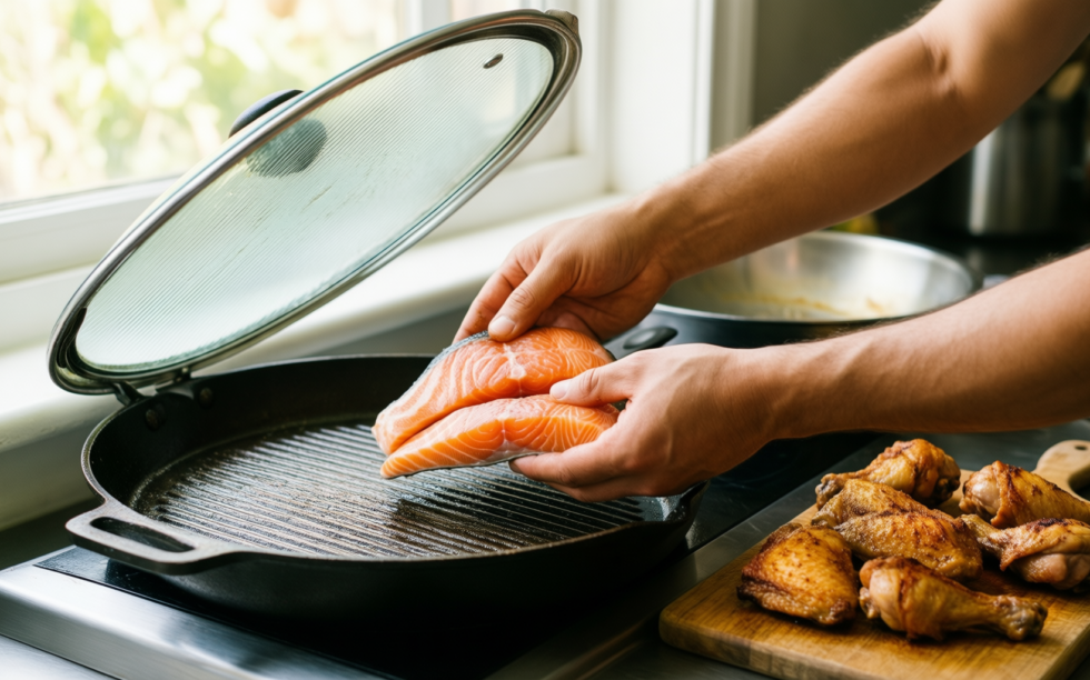 joeji cast aluminium griddle pan — lifestyle photo showing joeji's Cast Aluminium Griddle in use