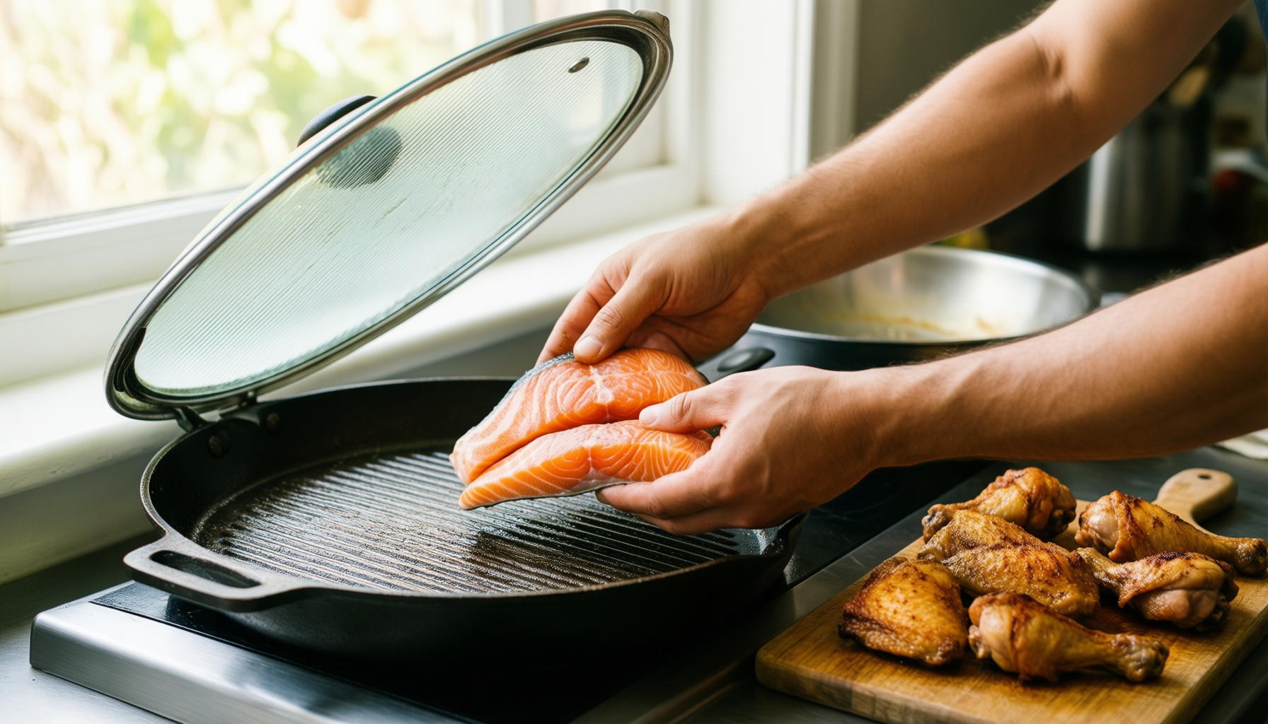 joeji cast aluminium griddle pan — lifestyle photo showing joeji's Cast Aluminium Griddle in use