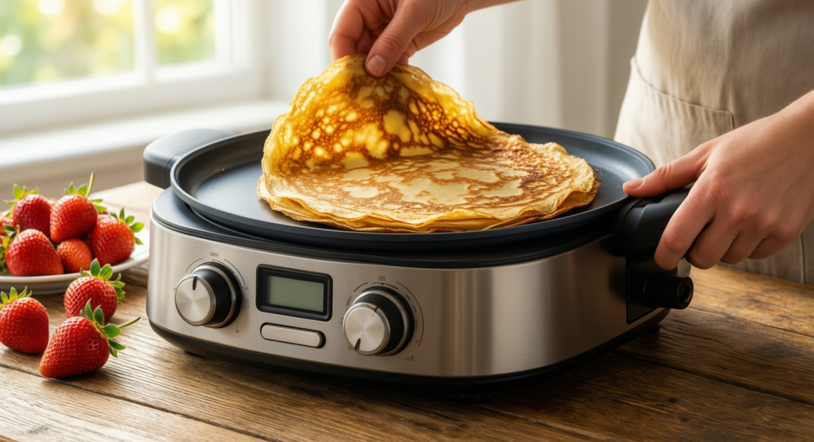 le creuset crepe pan — lifestyle photo showing LE CREUSET Enamelled Cast in use