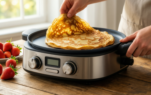 le creuset crepe pan — lifestyle photo showing LE CREUSET Enamelled Cast in use