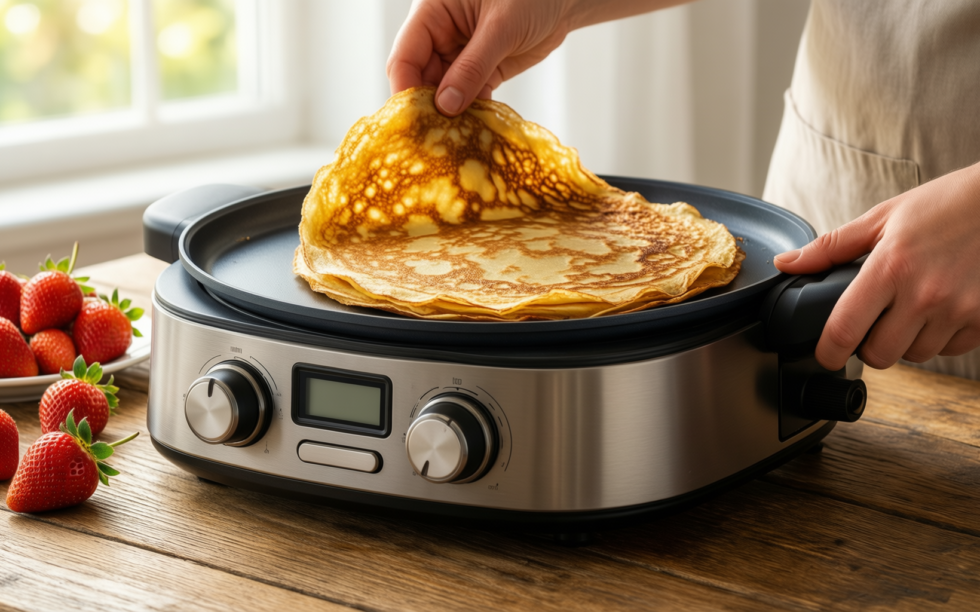 le creuset crepe pan — lifestyle photo showing LE CREUSET Enamelled Cast in use