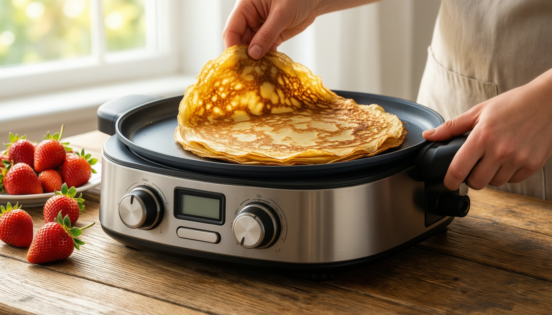 le creuset crepe pan — lifestyle photo showing LE CREUSET Enamelled Cast in use