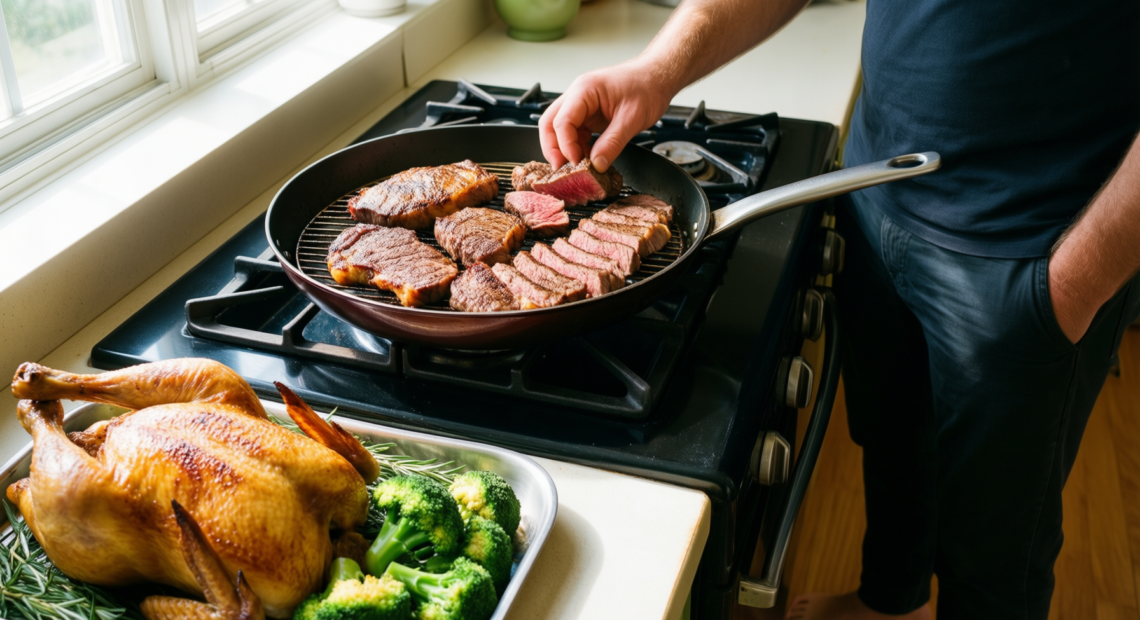 iwatani korean grill pan — lifestyle photo showing Iwatani Korean Cookware CB-A-AMP in use