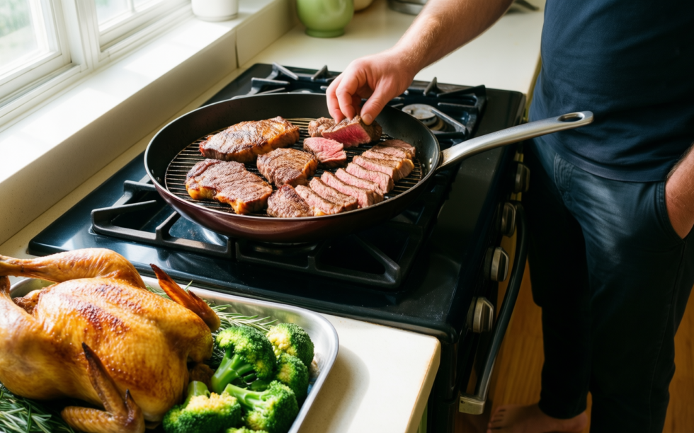 iwatani korean grill pan — lifestyle photo showing Iwatani Korean Cookware CB-A-AMP in use