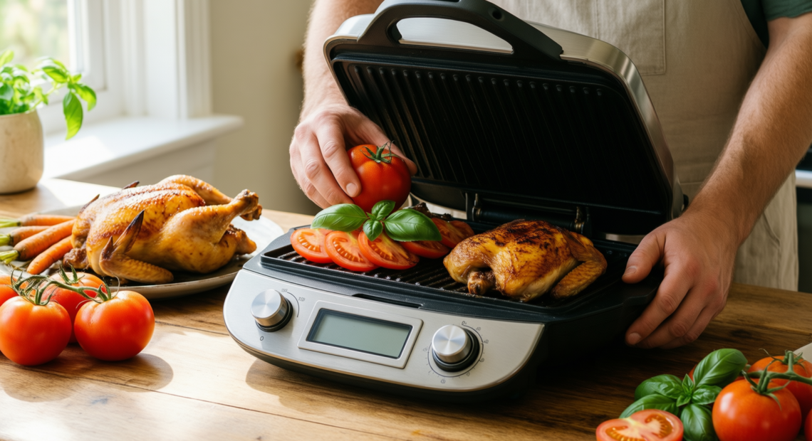 lodge cast iron panini press — lifestyle photo showing Lodge 20.96 cm / in use
