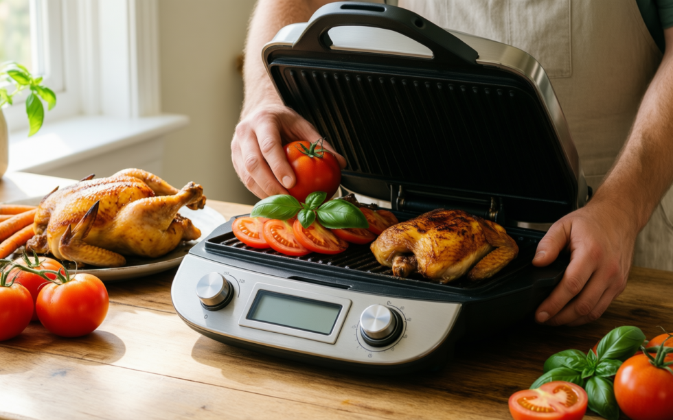 lodge cast iron panini press — lifestyle photo showing Lodge 20.96 cm / in use