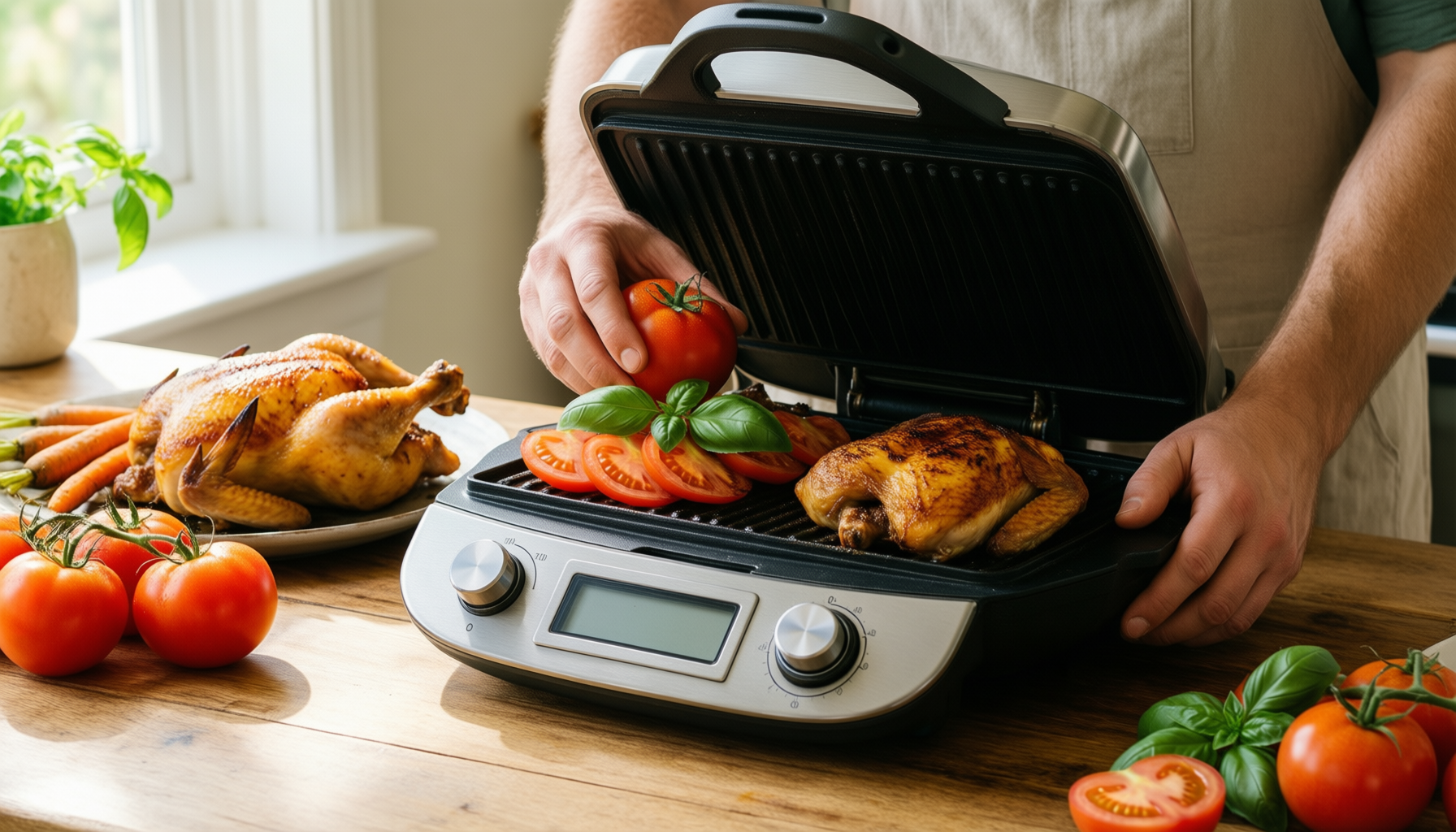 lodge cast iron panini press — lifestyle photo showing Lodge 20.96 cm / in use