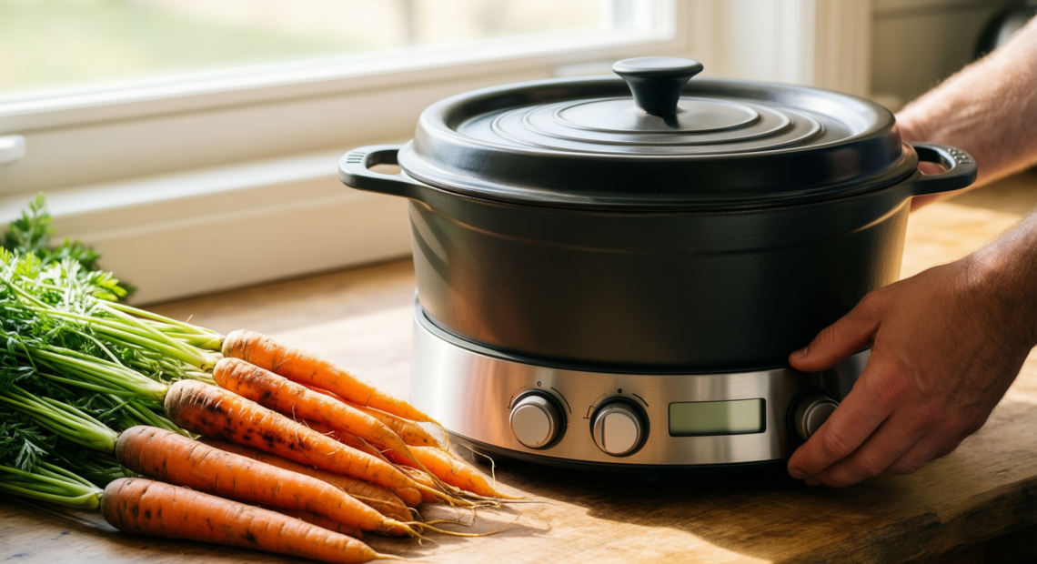 staub cast iron pan with silicone — lifestyle photo showing STAUB 40509-344-0 Cast Iron in use