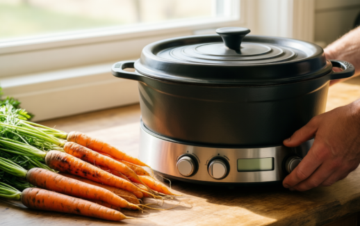 staub cast iron pan with silicone — lifestyle photo showing STAUB 40509-344-0 Cast Iron in use