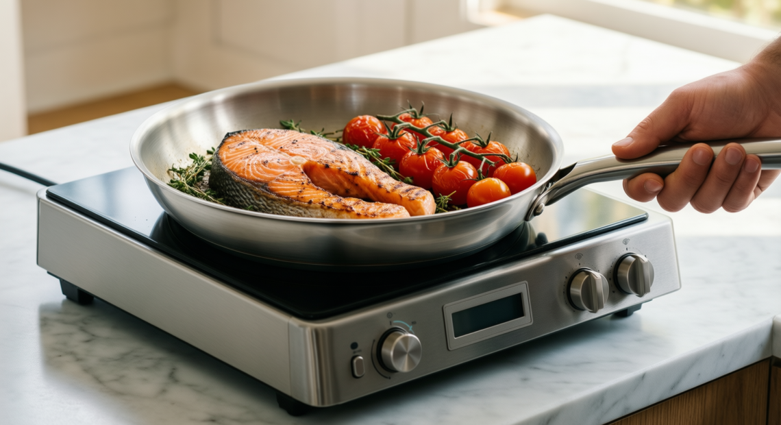 avacraft 8 inch stainless steel frying — lifestyle photo showing AVACRAFT 8 Inch Stainless in use