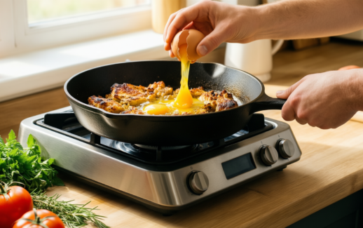 lodge dolly parton cast iron skillet — lifestyle photo showing Lodge 8 Inch Dolly in use