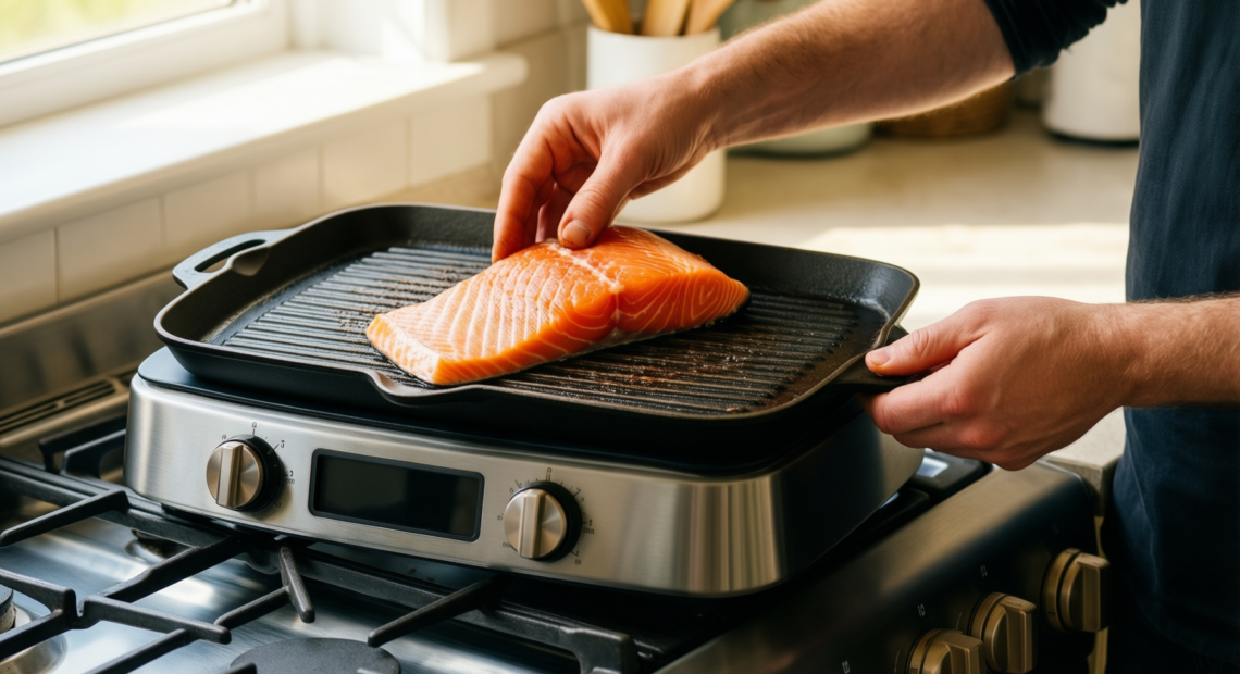 ggc cast iron reversible griddle — lifestyle photo showing GGC Cast Iron Reversible in use