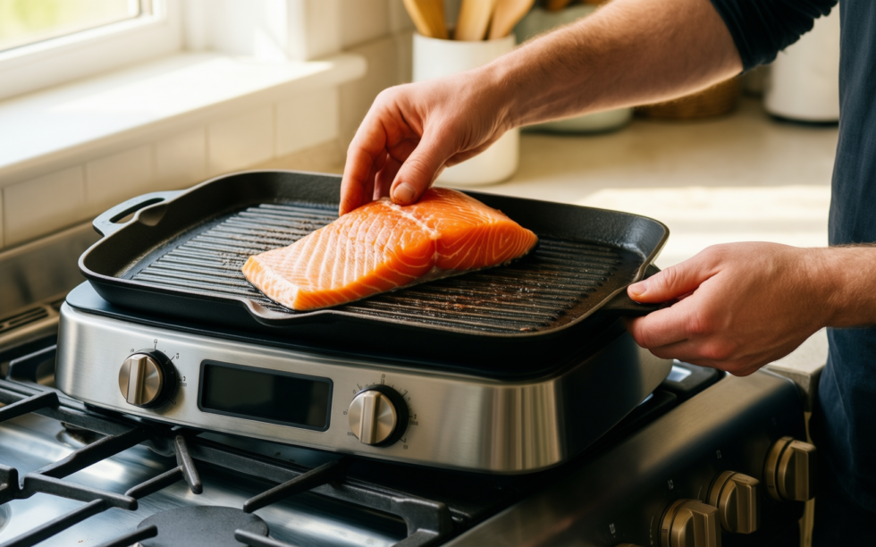 ggc cast iron reversible griddle — lifestyle photo showing GGC Cast Iron Reversible in use
