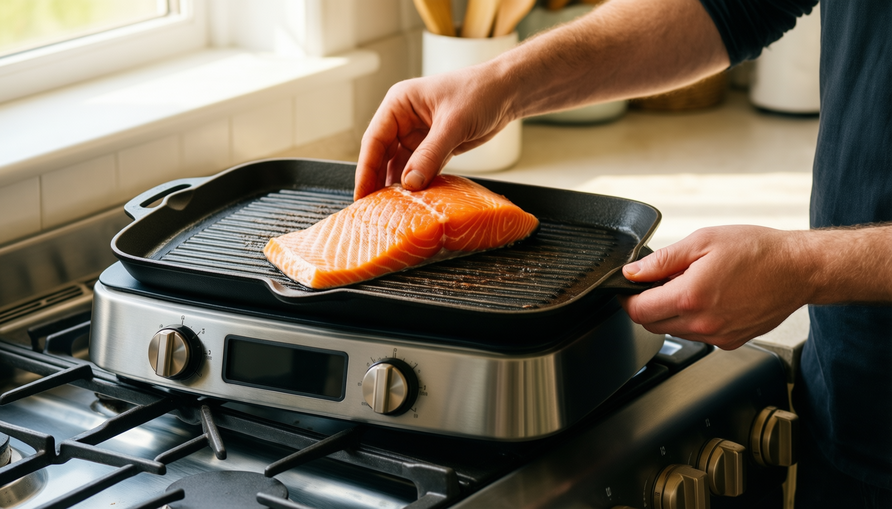 ggc cast iron reversible griddle — lifestyle photo showing GGC Cast Iron Reversible in use
