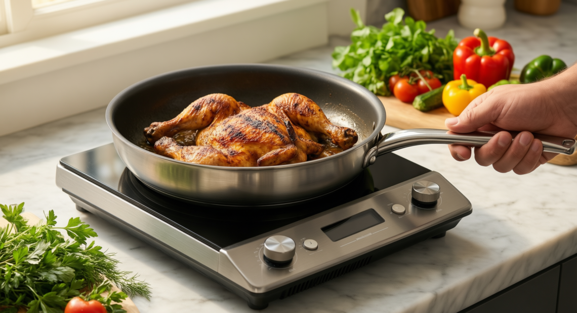 de buyer affinity stainless steel frying — lifestyle photo showing De Buyer 3724.24 Affinity in use