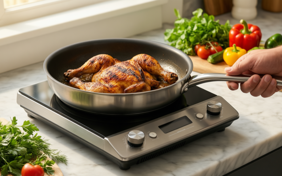 de buyer affinity stainless steel frying — lifestyle photo showing De Buyer 3724.24 Affinity in use