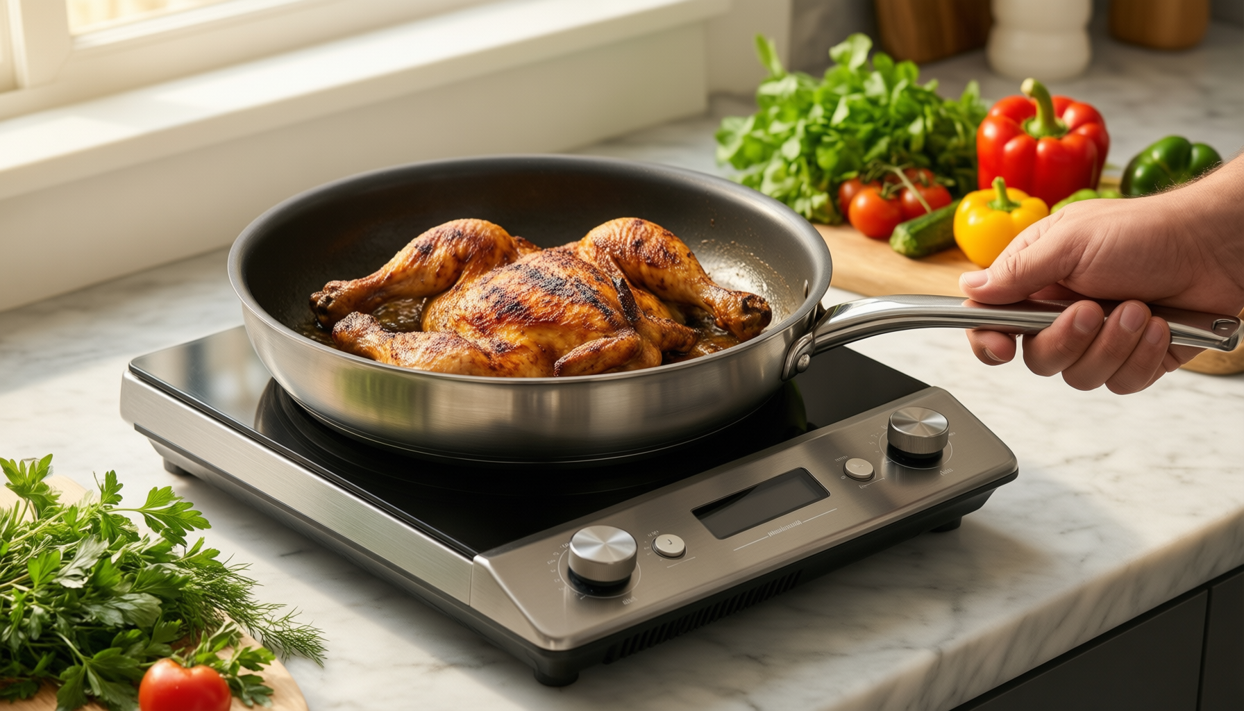 de buyer affinity stainless steel frying — lifestyle photo showing De Buyer 3724.24 Affinity in use