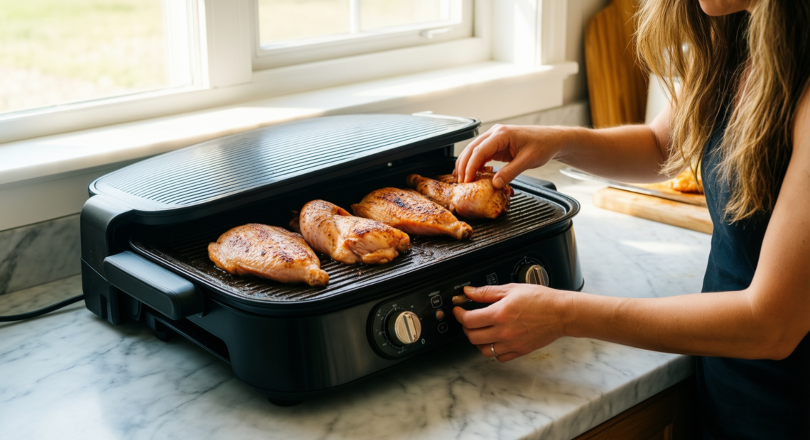 tefal optigrill elite review — lifestyle photo showing Tefal Optigrill Elite Indoor in use