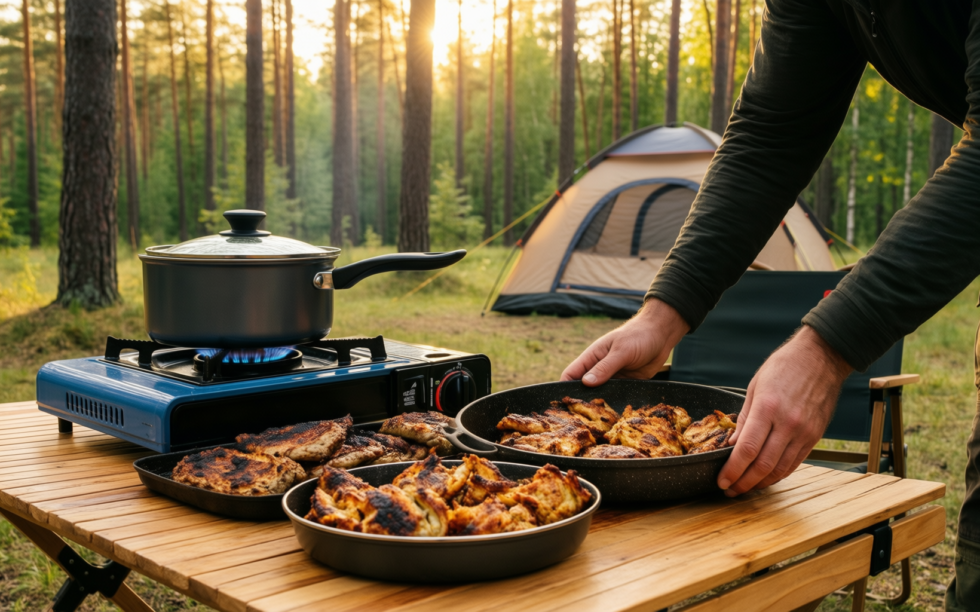 best nonstick camping frying pan — lifestyle photo showing Fire-Maple Nonstick Camping Frying in use