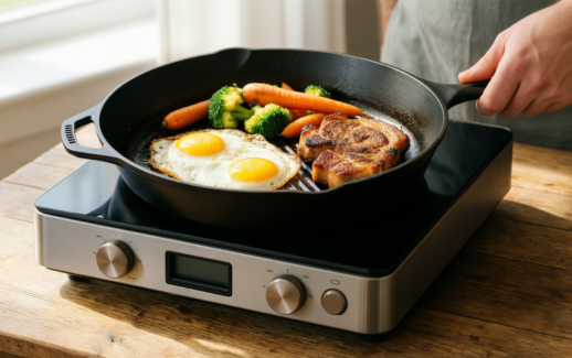 lodge chef collection cast iron skillet — lifestyle photo showing LODGE Lodge Chef Collection in use